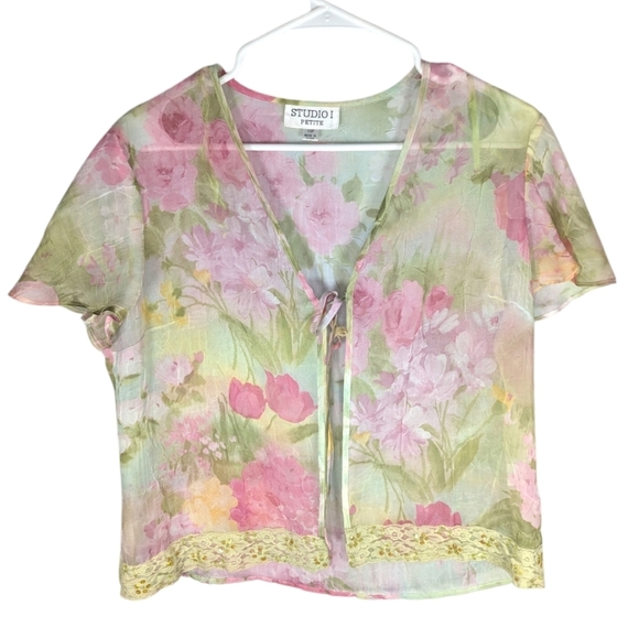 Vintage Studio 1 Petite Fairycore Sequin cottage mesh sheer muted floral top 10P - Picture 1 of 5
